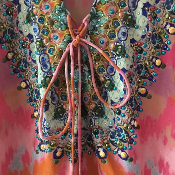 Camilla Printed Silk Hand-Beaded Lace-Up Blouse - Picture 8 of 12